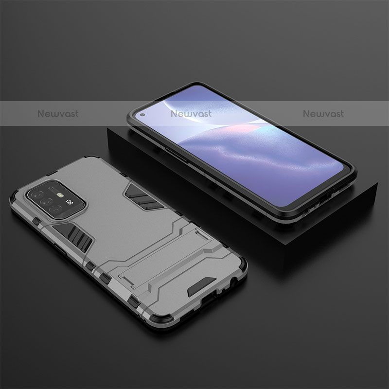 Silicone Matte Finish and Plastic Back Cover Case with Stand T02 for Oppo A94 5G Gray