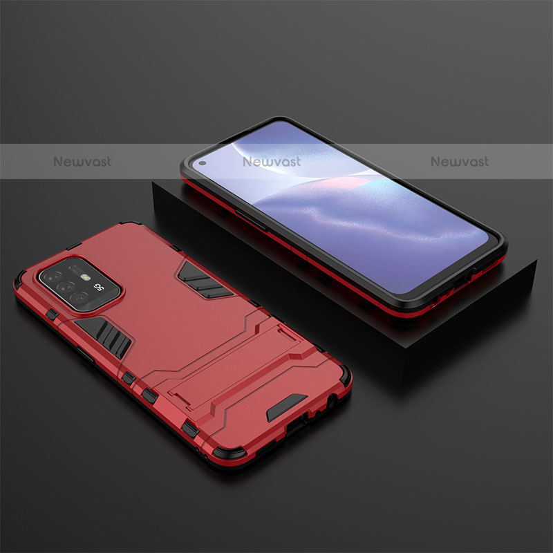Silicone Matte Finish and Plastic Back Cover Case with Stand T02 for Oppo A95 5G Red