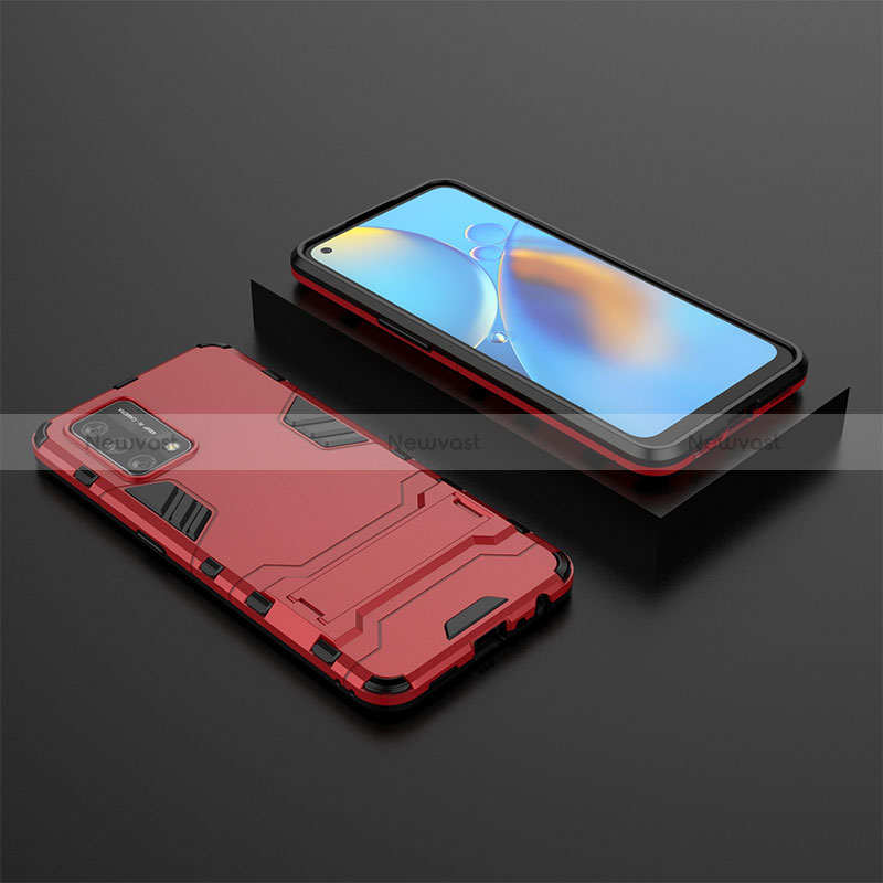 Silicone Matte Finish and Plastic Back Cover Case with Stand T02 for Oppo F19s Red