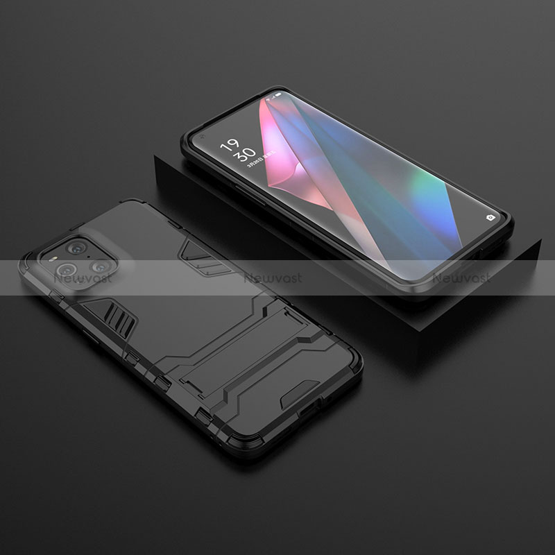 Silicone Matte Finish and Plastic Back Cover Case with Stand T02 for Oppo Find X3 5G Black