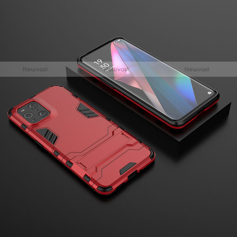 Silicone Matte Finish and Plastic Back Cover Case with Stand T02 for Oppo Find X3 Pro 5G Red