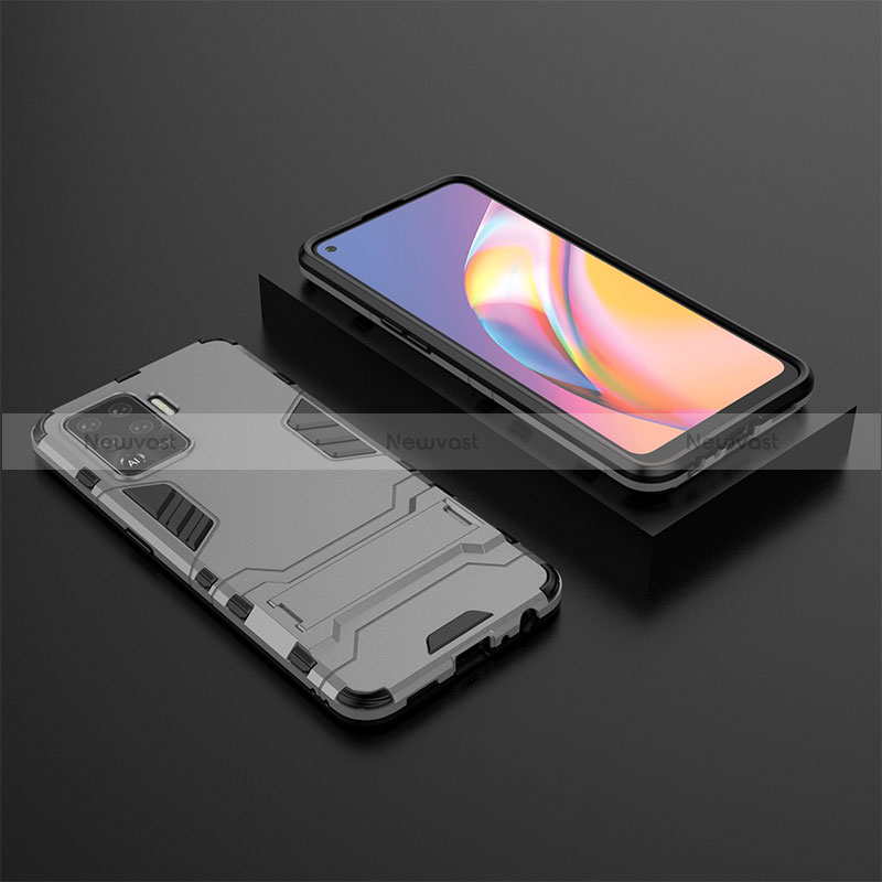 Silicone Matte Finish and Plastic Back Cover Case with Stand T02 for Oppo Reno5 F Gray