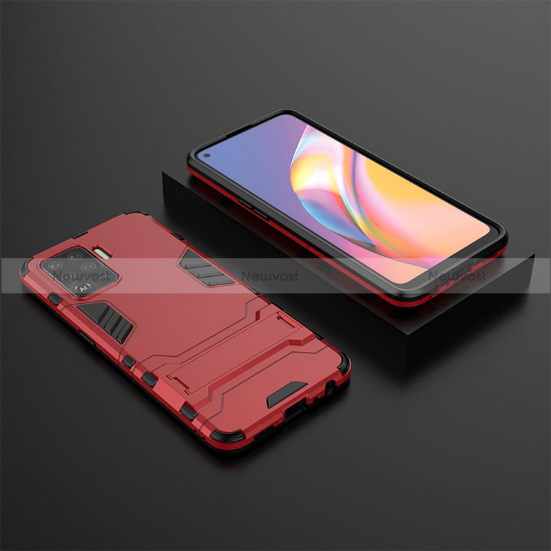 Silicone Matte Finish and Plastic Back Cover Case with Stand T02 for Oppo Reno5 F Red