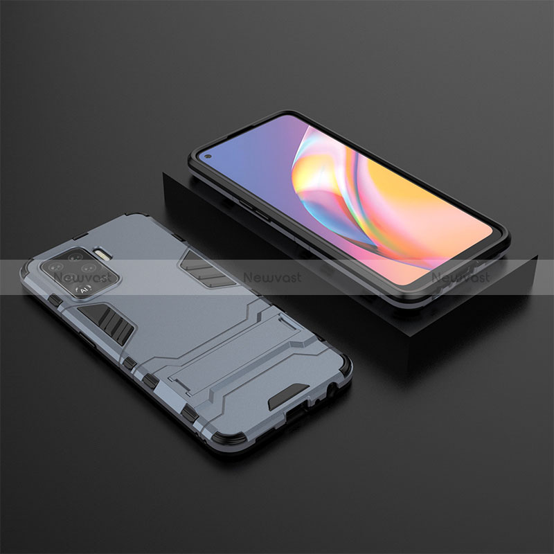 Silicone Matte Finish and Plastic Back Cover Case with Stand T02 for Oppo Reno5 Lite Blue