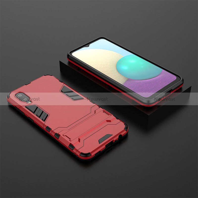 Silicone Matte Finish and Plastic Back Cover Case with Stand T02 for Samsung Galaxy A02 Red