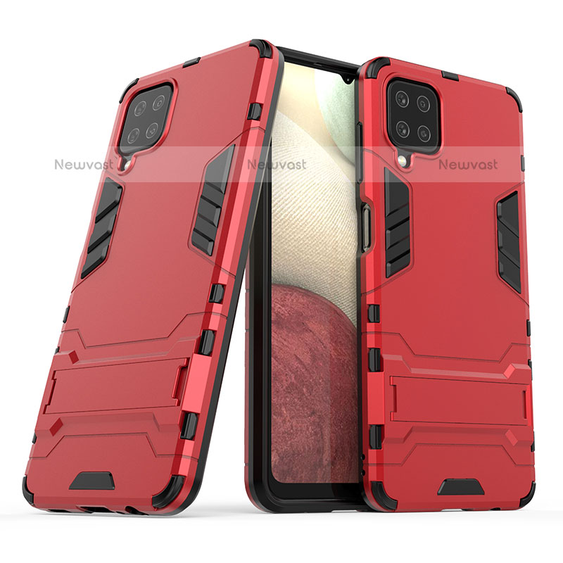 Silicone Matte Finish and Plastic Back Cover Case with Stand T02 for Samsung Galaxy A12 Red