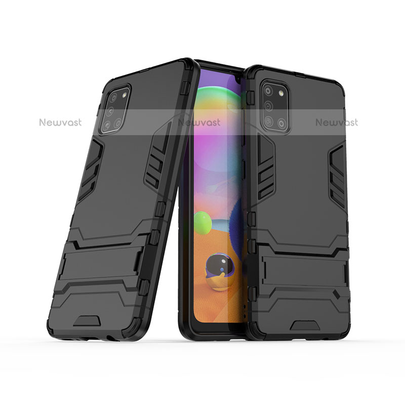 Silicone Matte Finish and Plastic Back Cover Case with Stand T02 for Samsung Galaxy A31 Black