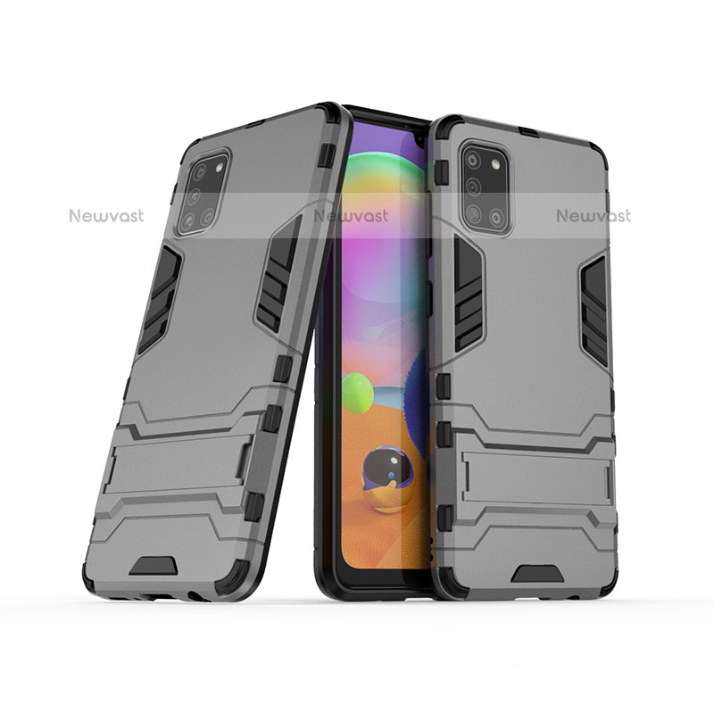 Silicone Matte Finish and Plastic Back Cover Case with Stand T02 for Samsung Galaxy A31 Gray