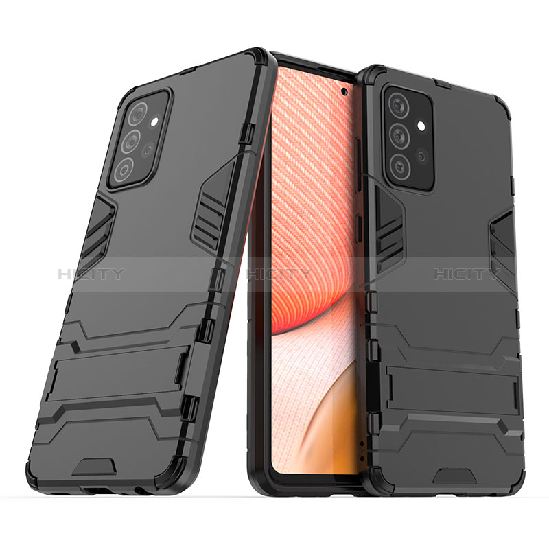 Silicone Matte Finish and Plastic Back Cover Case with Stand T02 for Samsung Galaxy A72 4G Black