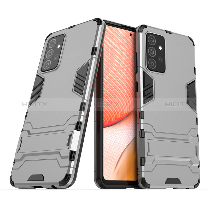 Silicone Matte Finish and Plastic Back Cover Case with Stand T02 for Samsung Galaxy A72 5G Gray