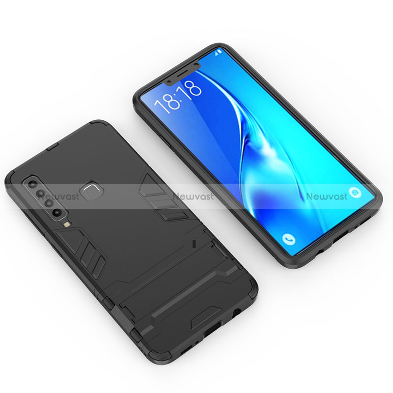 Silicone Matte Finish and Plastic Back Cover Case with Stand T02 for Samsung Galaxy A9 (2018) A920 Black
