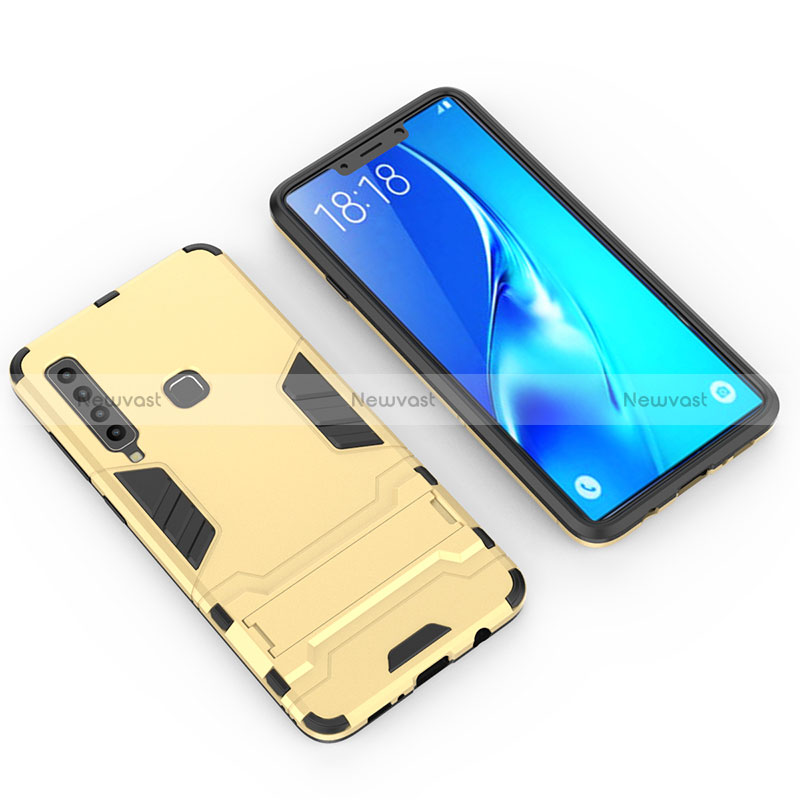 Silicone Matte Finish and Plastic Back Cover Case with Stand T02 for Samsung Galaxy A9 Star Pro Gold