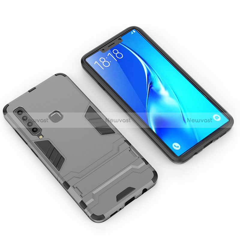 Silicone Matte Finish and Plastic Back Cover Case with Stand T02 for Samsung Galaxy A9s Gray