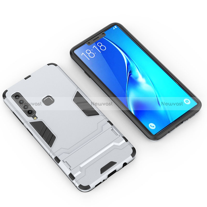 Silicone Matte Finish and Plastic Back Cover Case with Stand T02 for Samsung Galaxy A9s Silver