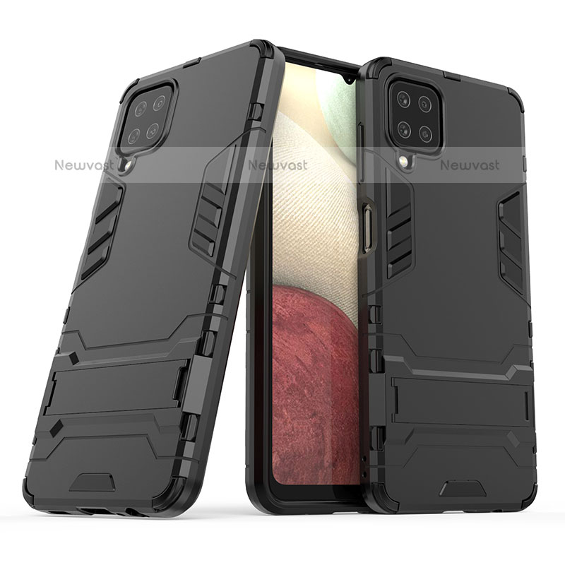 Silicone Matte Finish and Plastic Back Cover Case with Stand T02 for Samsung Galaxy F12 Black