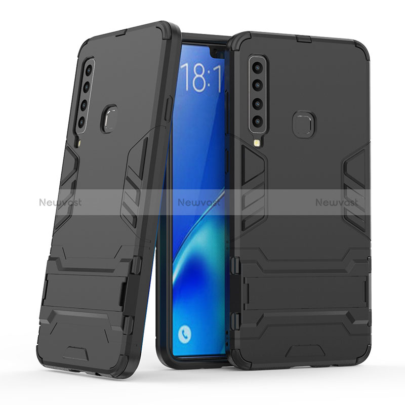 Silicone Matte Finish and Plastic Back Cover Case with Stand T03 for Samsung Galaxy A9 (2018) A920 Black