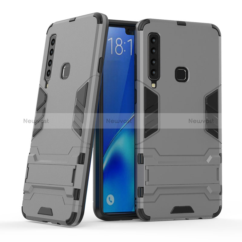 Silicone Matte Finish and Plastic Back Cover Case with Stand T03 for Samsung Galaxy A9 (2018) A920 Gray