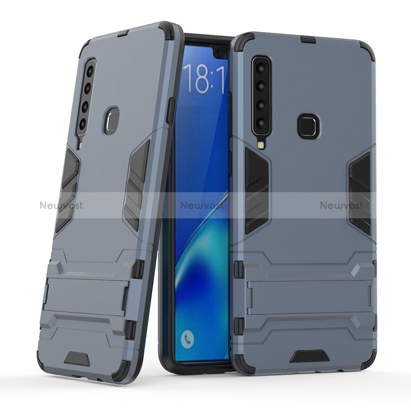 Silicone Matte Finish and Plastic Back Cover Case with Stand T03 for Samsung Galaxy A9 Star Pro Blue