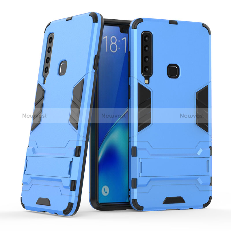 Silicone Matte Finish and Plastic Back Cover Case with Stand T03 for Samsung Galaxy A9s Sky Blue