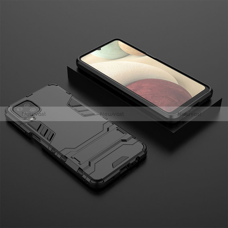 Silicone Matte Finish and Plastic Back Cover Case with Stand T04 for Samsung Galaxy A12 Nacho Black