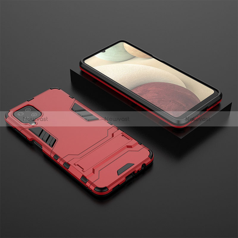 Silicone Matte Finish and Plastic Back Cover Case with Stand T04 for Samsung Galaxy A12 Nacho Red