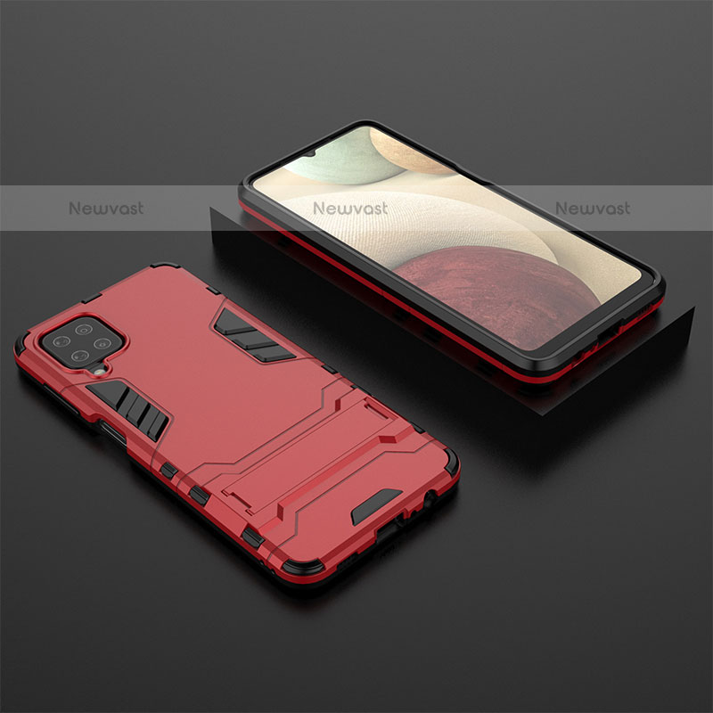 Silicone Matte Finish and Plastic Back Cover Case with Stand T04 for Samsung Galaxy A12 Red