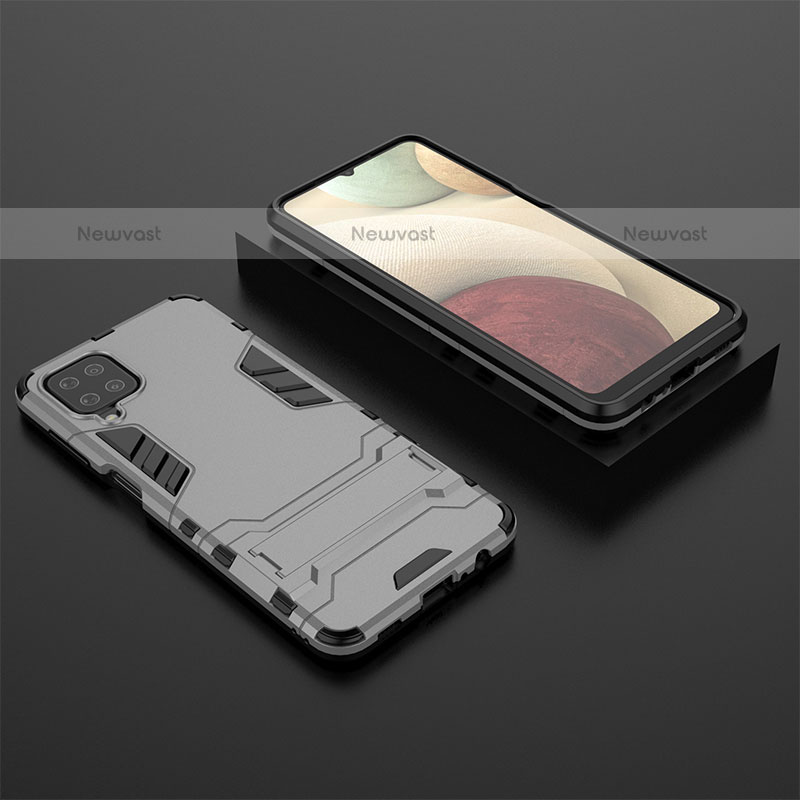 Silicone Matte Finish and Plastic Back Cover Case with Stand T04 for Samsung Galaxy F12 Gray