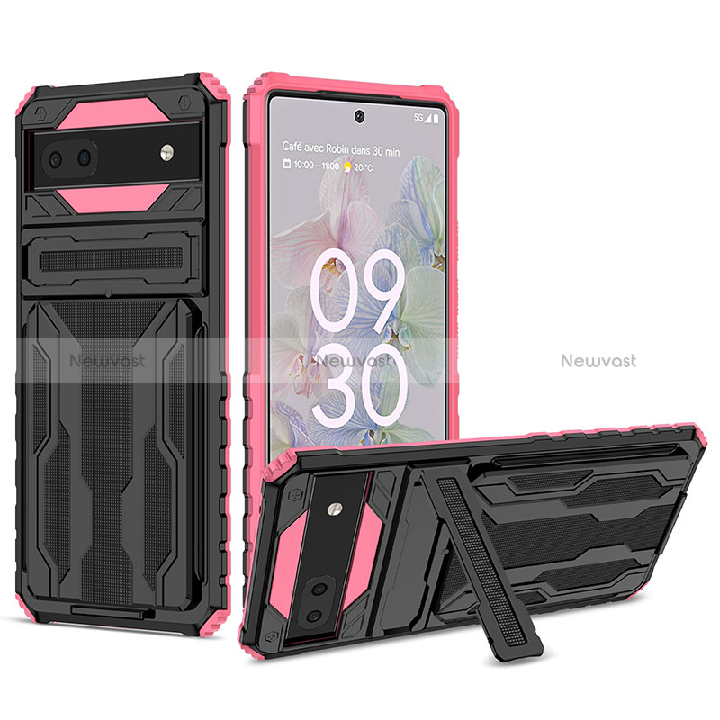 Silicone Matte Finish and Plastic Back Cover Case with Stand YF1 for Google Pixel 6a 5G Pink