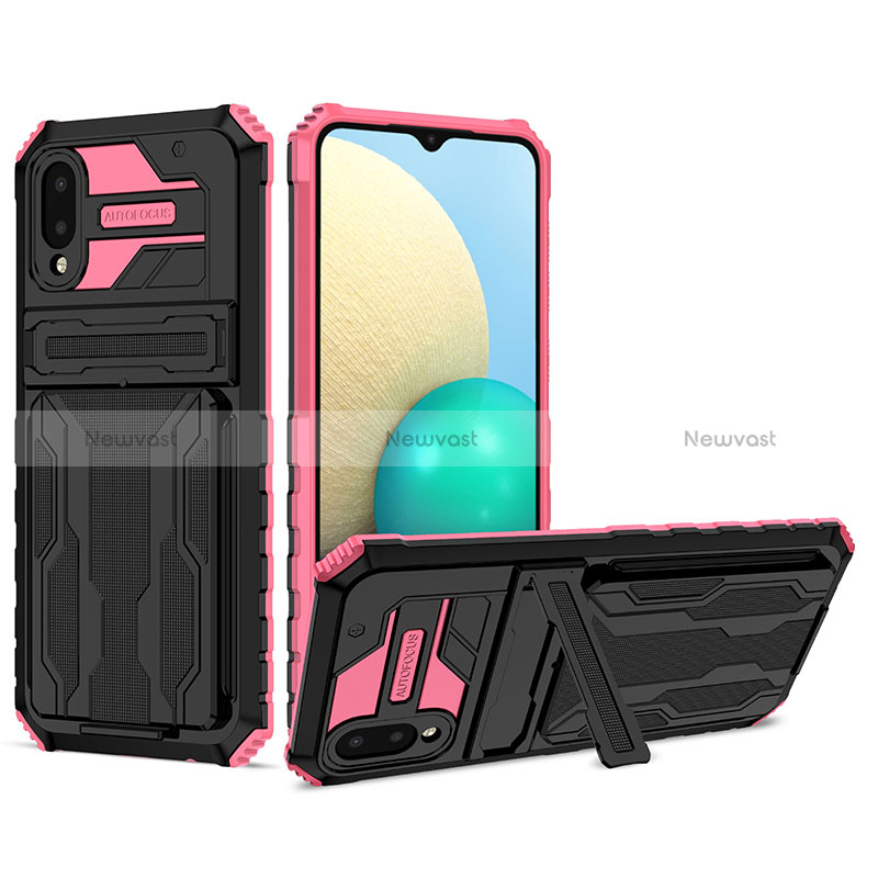 Silicone Matte Finish and Plastic Back Cover Case with Stand YF1 for Samsung Galaxy A02 Pink