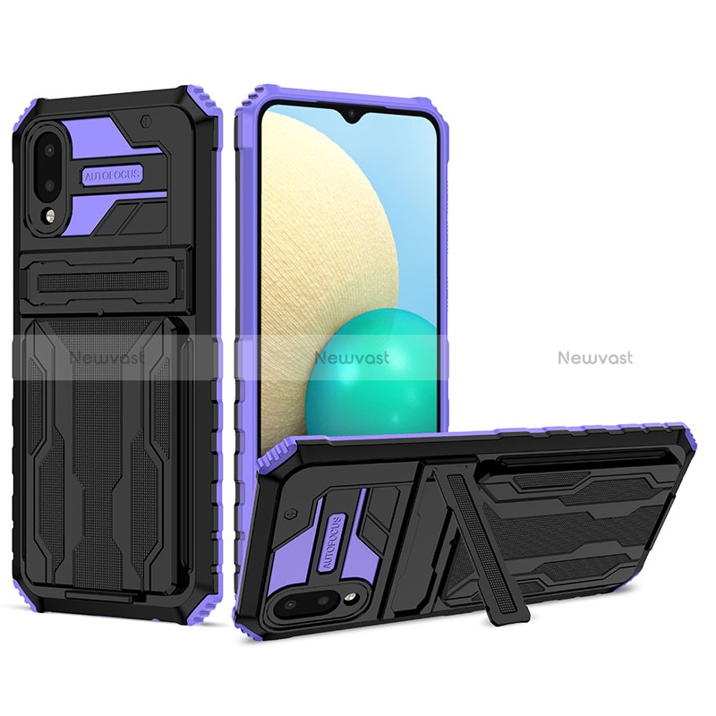 Silicone Matte Finish and Plastic Back Cover Case with Stand YF1 for Samsung Galaxy A02 Purple