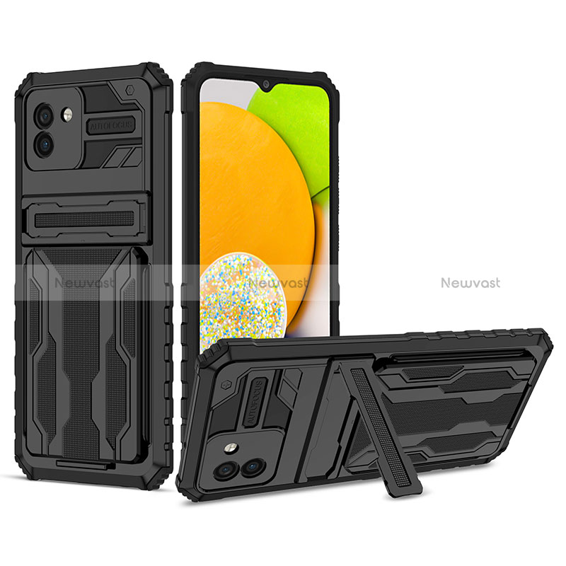 Silicone Matte Finish and Plastic Back Cover Case with Stand YF1 for Samsung Galaxy A03 Black