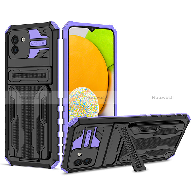 Silicone Matte Finish and Plastic Back Cover Case with Stand YF1 for Samsung Galaxy A03 Purple