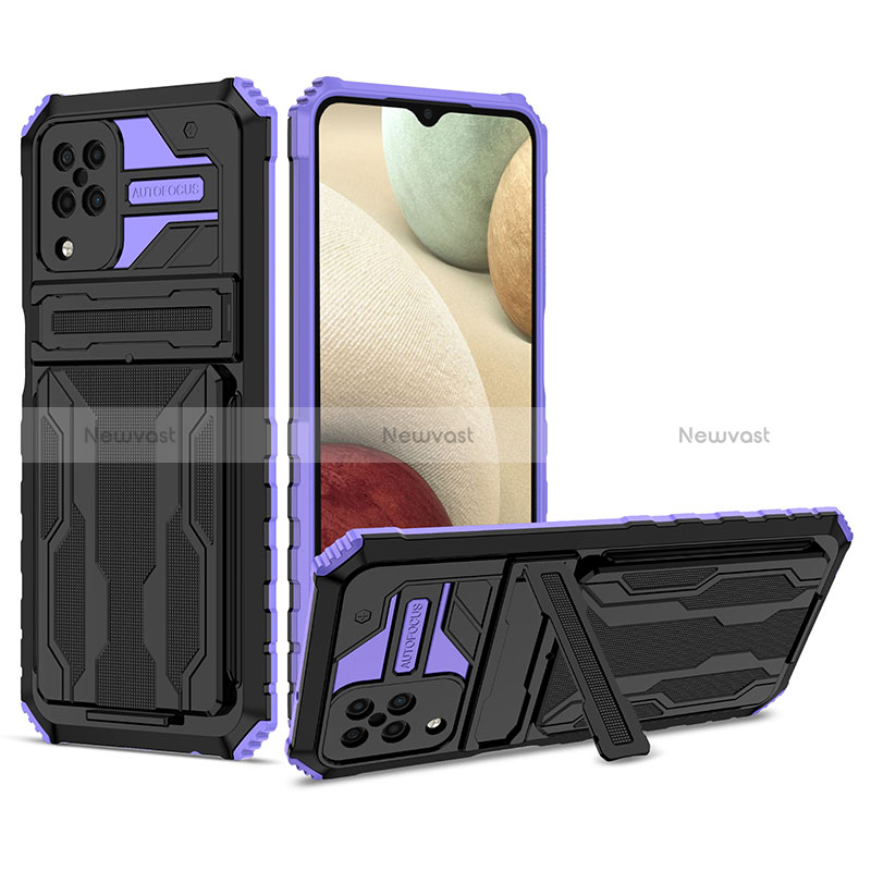 Silicone Matte Finish and Plastic Back Cover Case with Stand YF1 for Samsung Galaxy A12 Nacho Purple