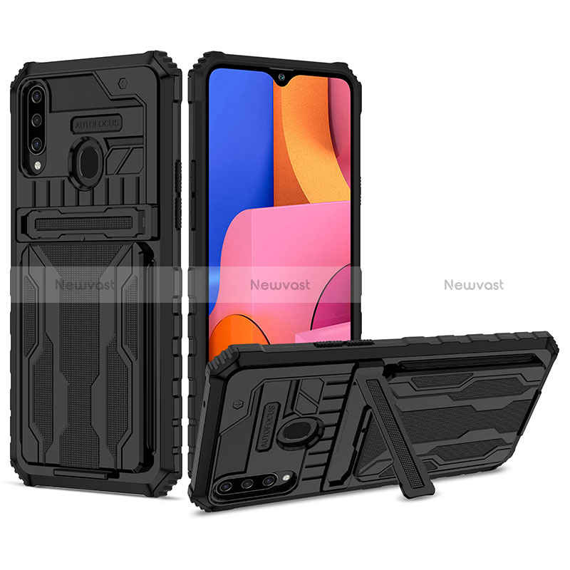 Silicone Matte Finish and Plastic Back Cover Case with Stand YF1 for Samsung Galaxy A20s Black