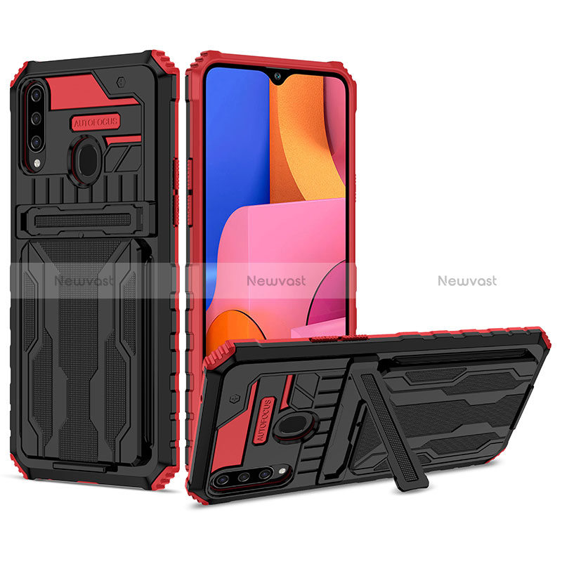 Silicone Matte Finish and Plastic Back Cover Case with Stand YF1 for Samsung Galaxy A20s Red