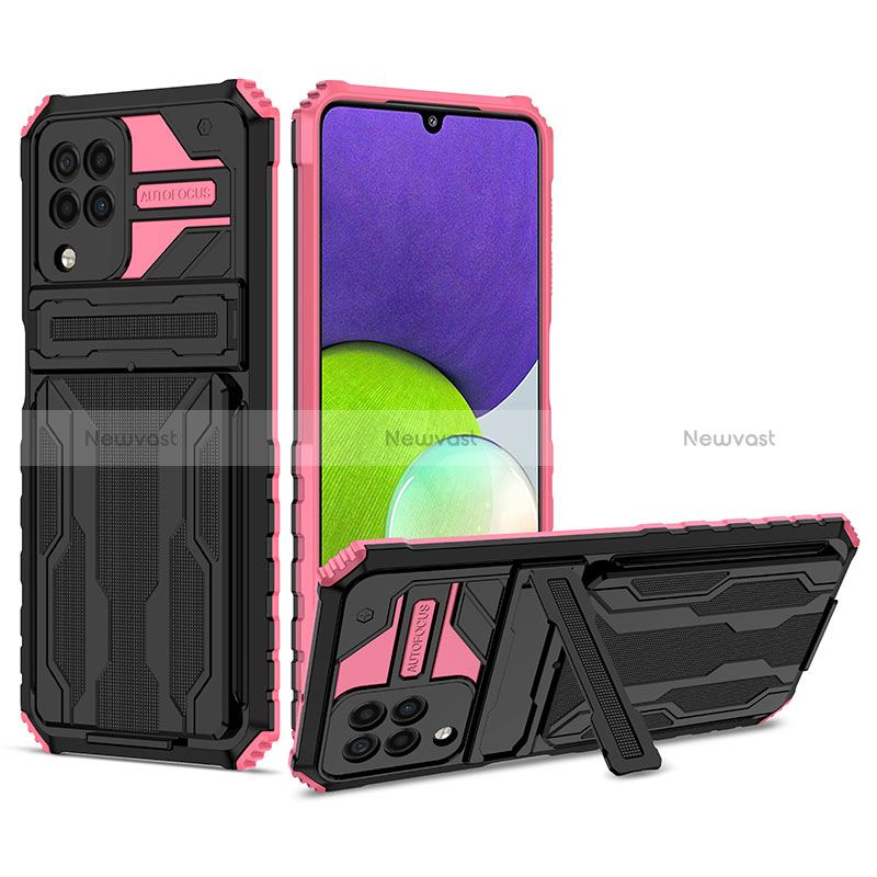 Silicone Matte Finish and Plastic Back Cover Case with Stand YF1 for Samsung Galaxy A22 4G Pink