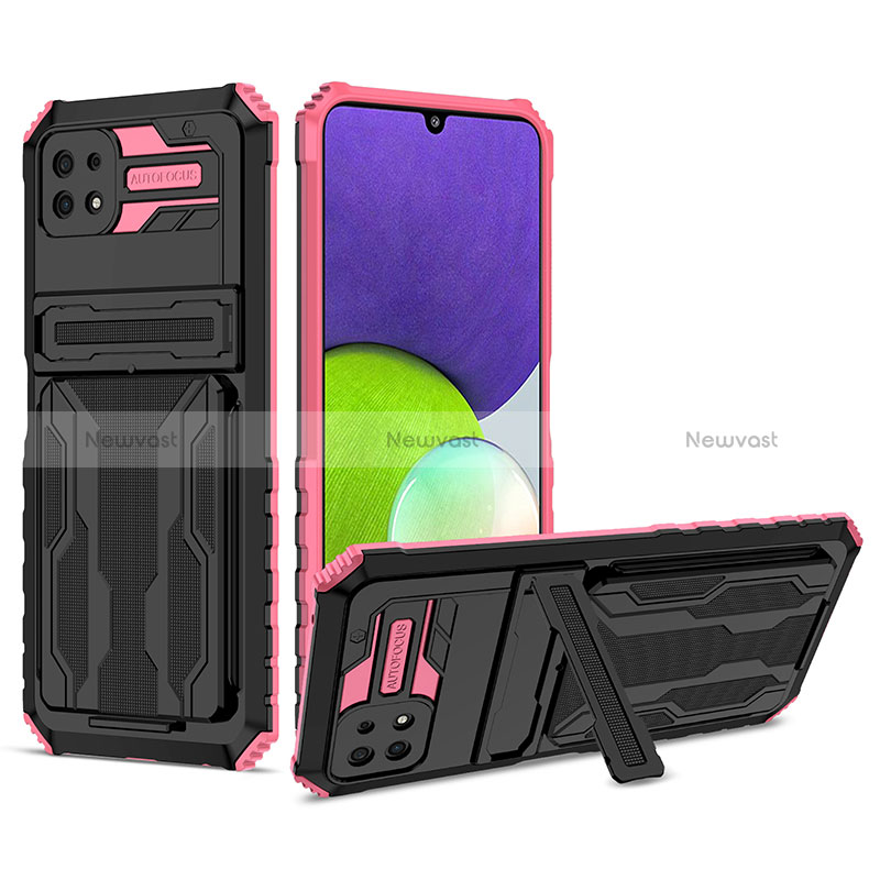 Silicone Matte Finish and Plastic Back Cover Case with Stand YF1 for Samsung Galaxy A22 5G Pink