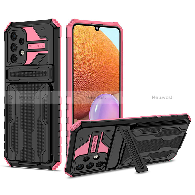 Silicone Matte Finish and Plastic Back Cover Case with Stand YF1 for Samsung Galaxy A32 4G Pink
