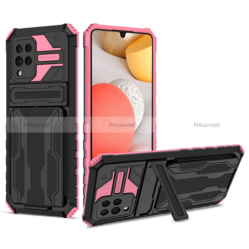 Silicone Matte Finish and Plastic Back Cover Case with Stand YF1 for Samsung Galaxy A42 5G Hot Pink