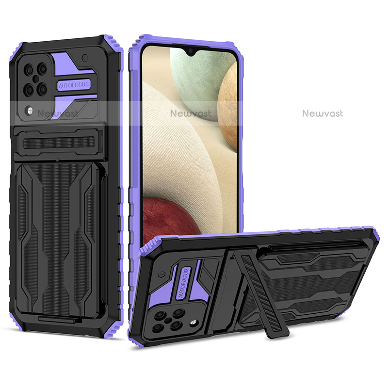 Silicone Matte Finish and Plastic Back Cover Case with Stand YF1 for Samsung Galaxy F12 Purple