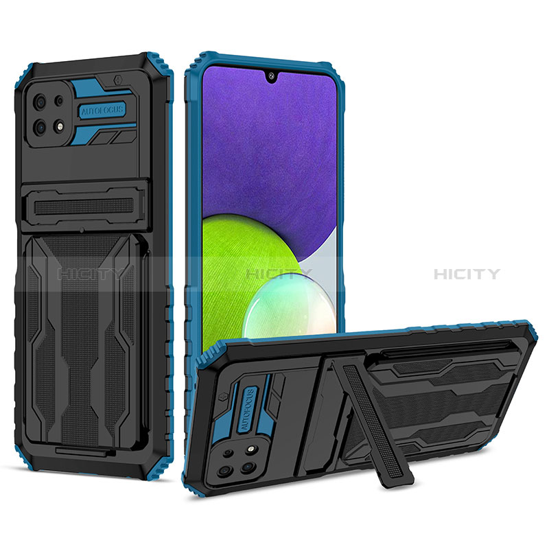 Silicone Matte Finish and Plastic Back Cover Case with Stand YF1 for Samsung Galaxy F42 5G Blue