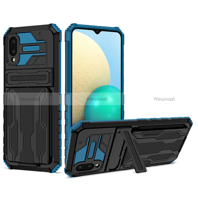 Silicone Matte Finish and Plastic Back Cover Case with Stand YF1 for Samsung Galaxy M02 Blue