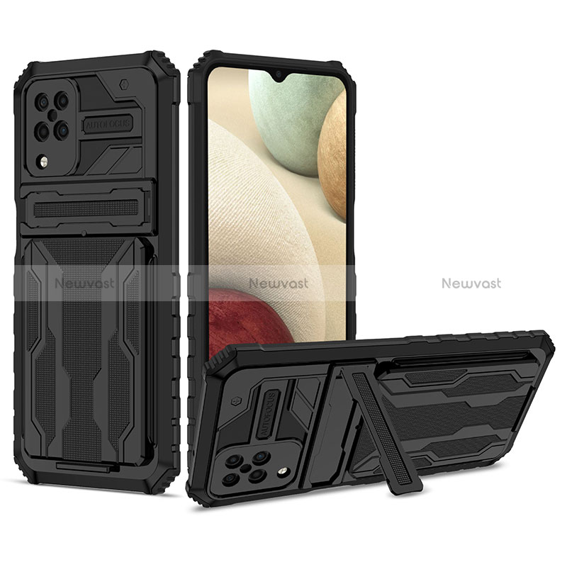 Silicone Matte Finish and Plastic Back Cover Case with Stand YF1 for Samsung Galaxy M12 Black