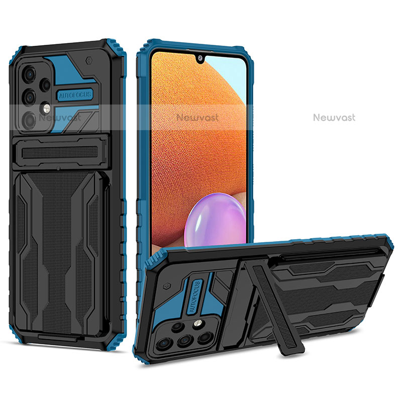 Silicone Matte Finish and Plastic Back Cover Case with Stand YF1 for Samsung Galaxy M32 5G Blue