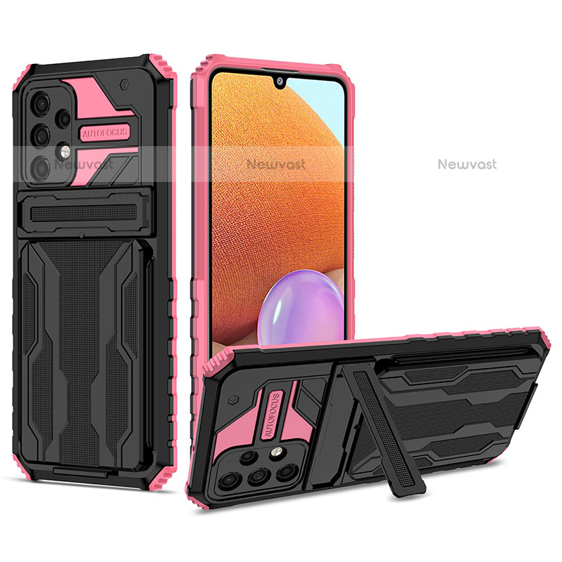 Silicone Matte Finish and Plastic Back Cover Case with Stand YF1 for Samsung Galaxy M32 5G Pink