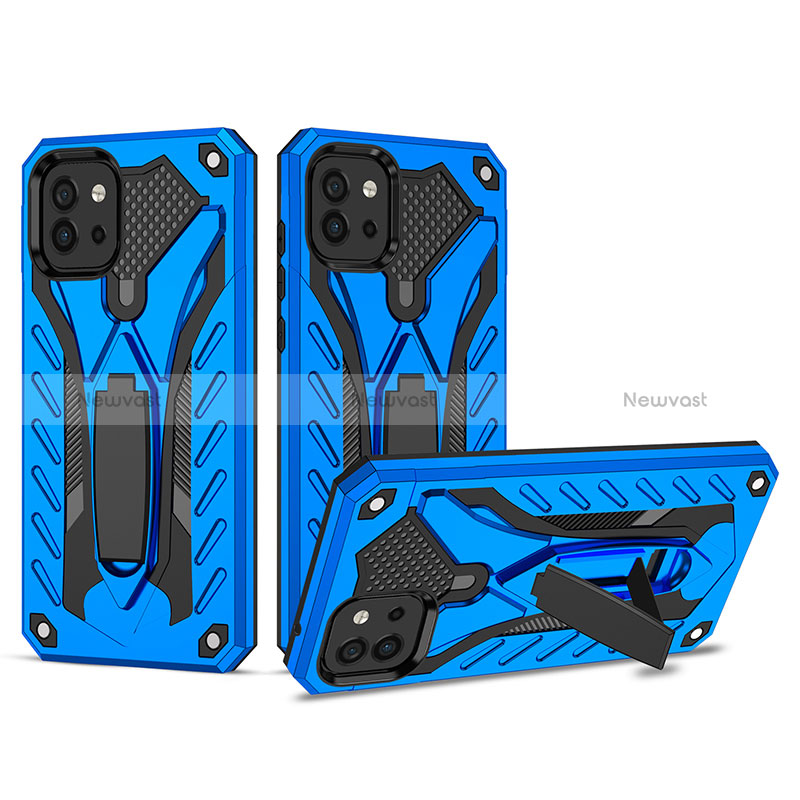 Silicone Matte Finish and Plastic Back Cover Case with Stand YF2 for Samsung Galaxy A03 Blue