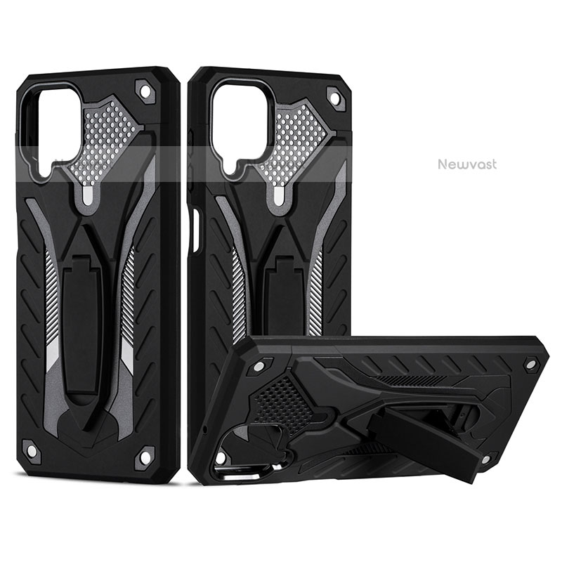 Silicone Matte Finish and Plastic Back Cover Case with Stand YF2 for Samsung Galaxy A12 Black