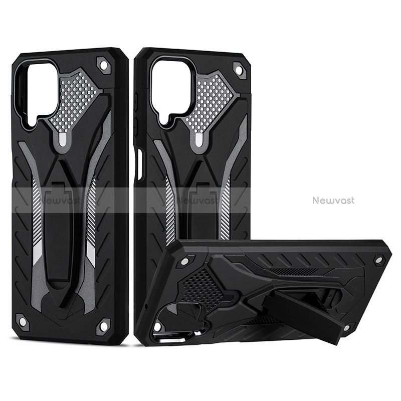 Silicone Matte Finish and Plastic Back Cover Case with Stand YF2 for Samsung Galaxy A12 Nacho Black