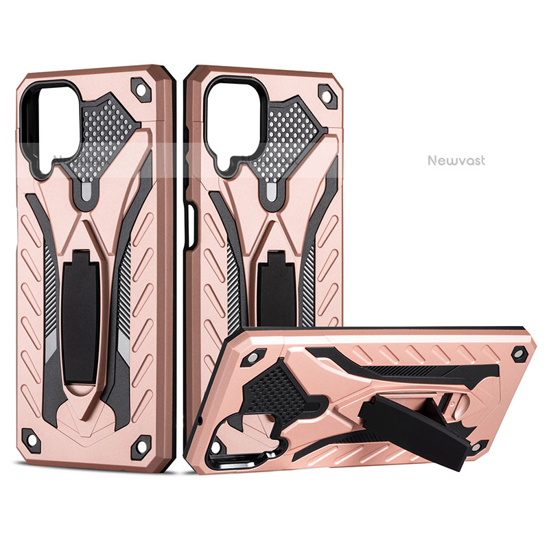 Silicone Matte Finish and Plastic Back Cover Case with Stand YF2 for Samsung Galaxy A12 Rose Gold