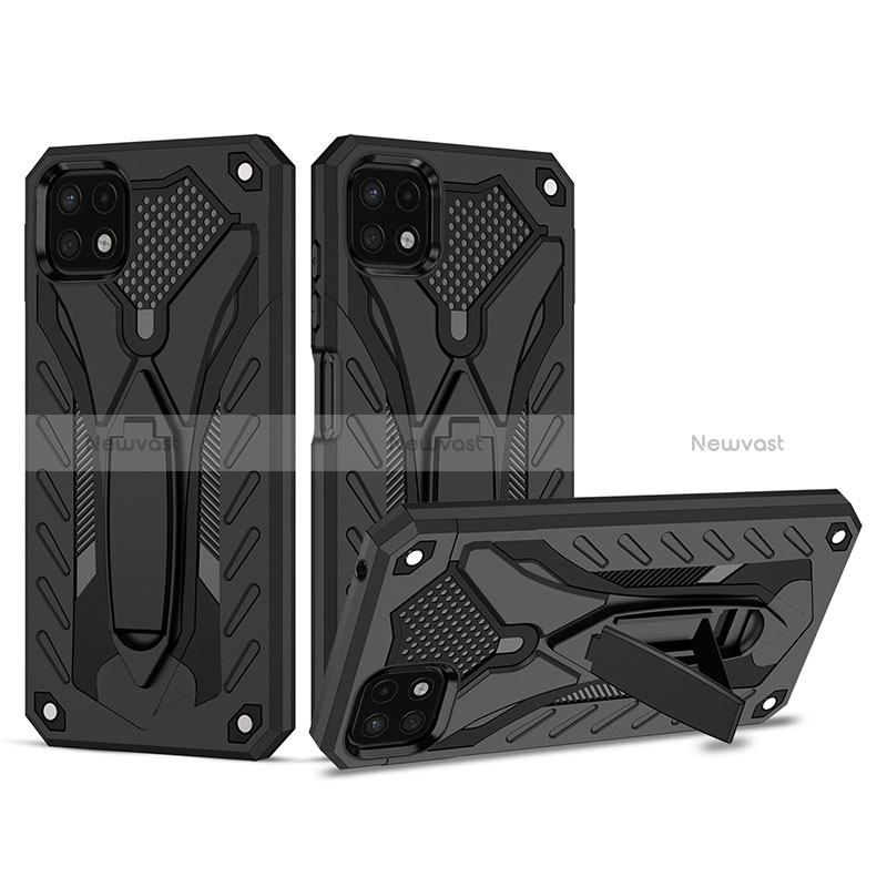 Silicone Matte Finish and Plastic Back Cover Case with Stand YF2 for Samsung Galaxy A22 5G Black